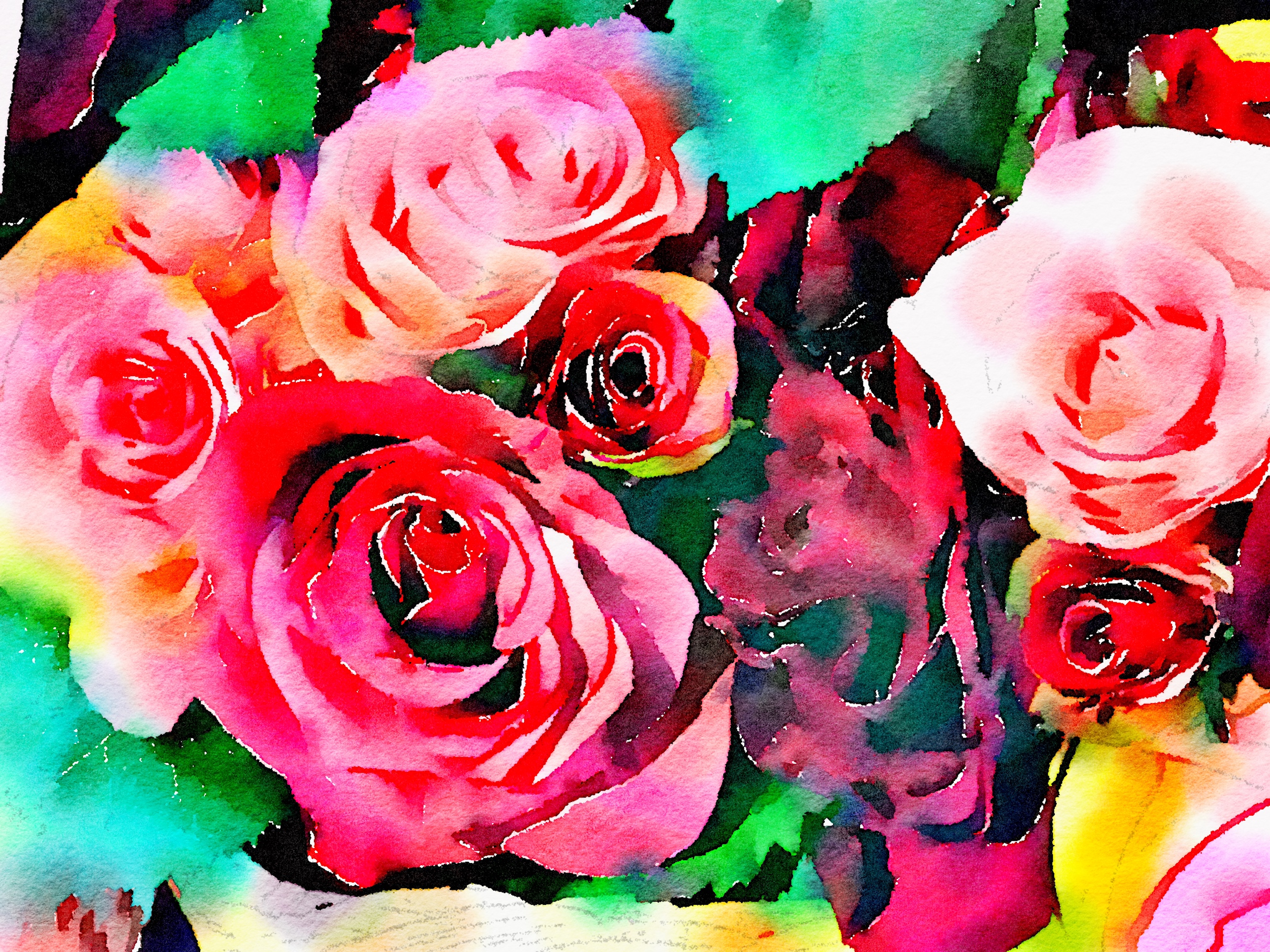 A water colour of pink and red roses